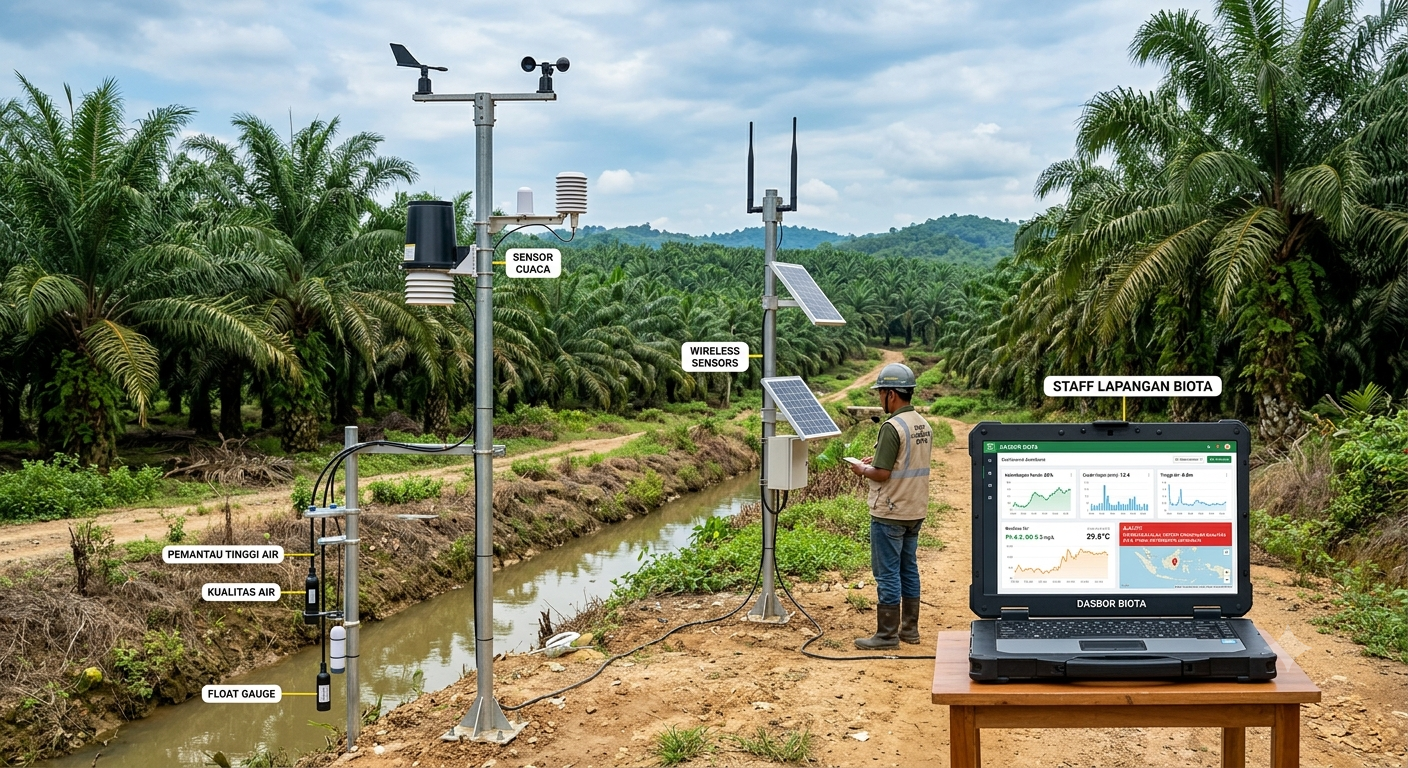 IoT sensor network visualization showing predictive alert system for plantation water level monitoring dashboard