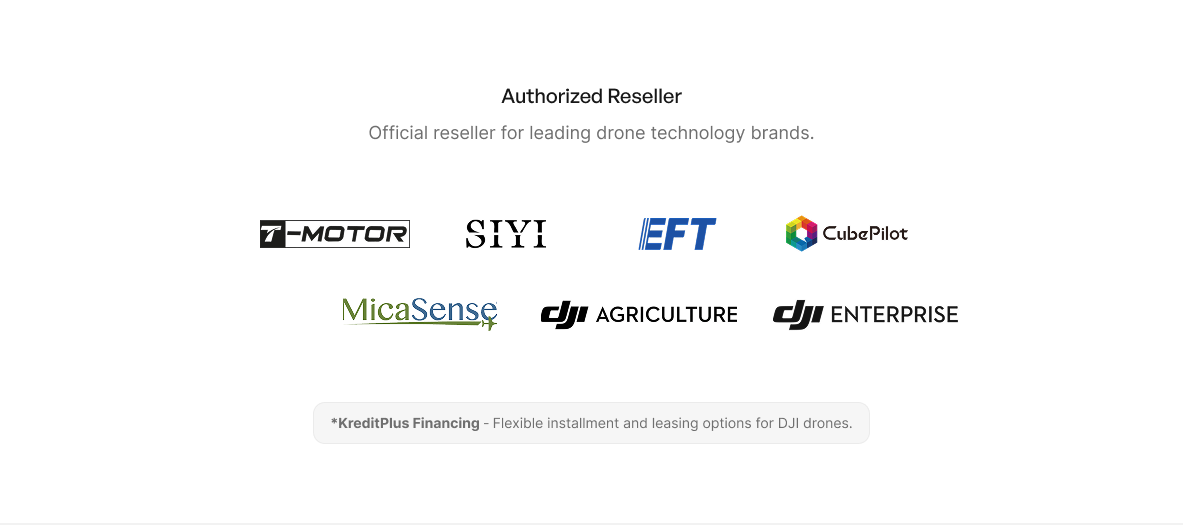 Avirtech authorized reseller partner logos: CubePilot, MicaSense, T-Motor, EFT, SIYI, DJI Agriculture, DJI Enterprise