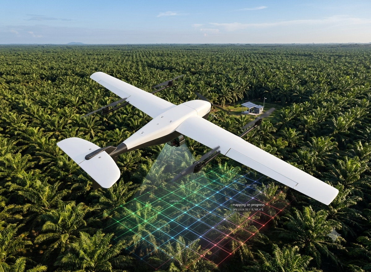 Drone mapping mission infographic showing 10,000 hectare plantation survey with sub-centimeter accuracy orthomosaic output